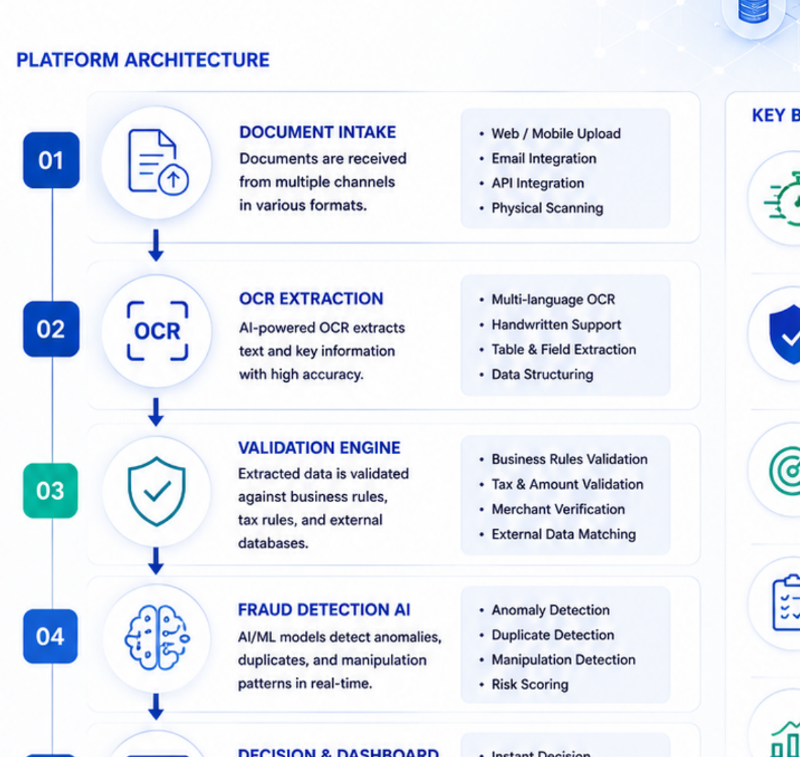 Arsitektur Platform AI Fraud Detection Aetherica: Document Intake, OCR Extraction, Validation Engine, Fraud Detection AI, Decision & Dashboard