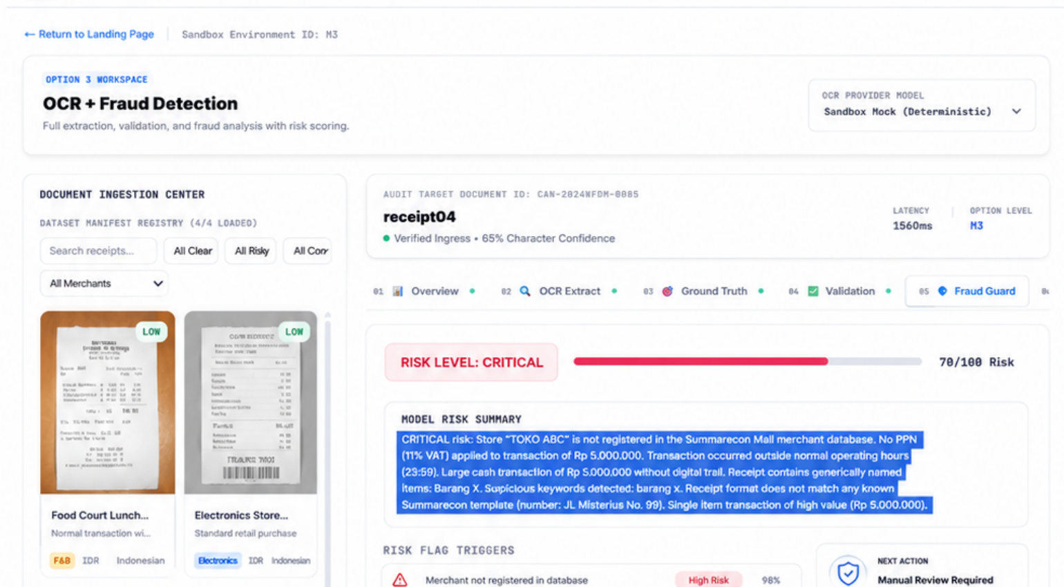 Contoh analisis AI Fraud Detection Aetherica: OCR extract, ground truth validation, fraud guard, risk scoring
